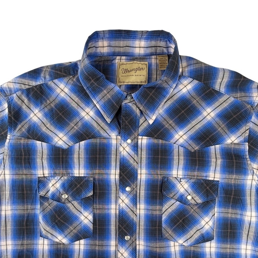 Wrangler Western Shirt Mens 2XL Blue Black Plaid Pearl Snap Short Sleeve Yoke